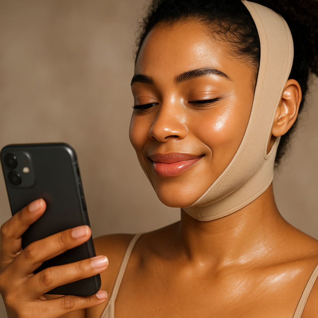 peux tu me faire une autre image où on voit la femme de couleur métisse porter la gaine visage mais plus embellie son visage et qu'elle soit sur son téléphone